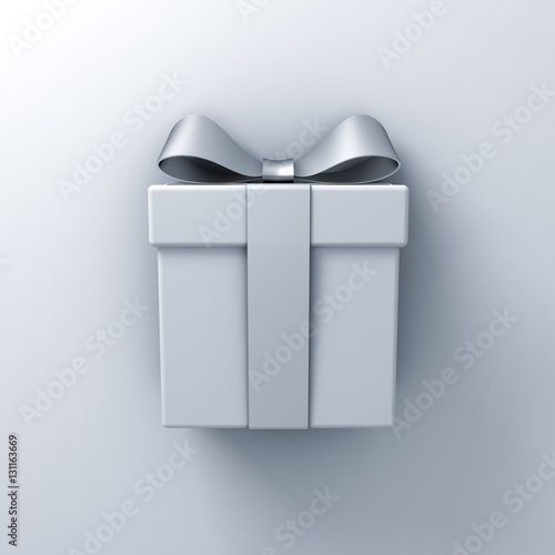 Gift box present with silver ribbon bow on white wall background with shadow 3D rendering