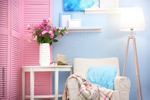 Beautiful room interior with pink folding screen