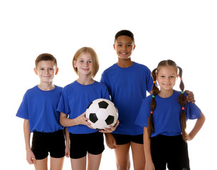 Cute kids with football ball on white background