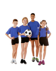 Cute kids with football ball on white background