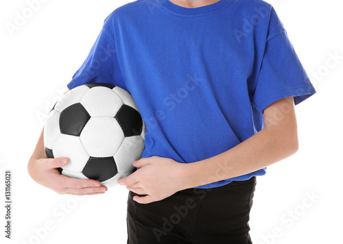 Girl with football ball on white background