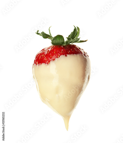 Delicious strawberry dipped in white chocolate isolated on white