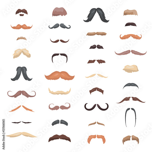 Huge collection mustache retro curly set.  different colors and forms hair. Mustaches barber silhouette hairstyle hipster mask disguise. Vector fashion gentleman signs.