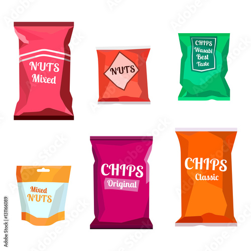 Colorful blank boil food snack packaging for chocolate cookies, sweets, sugar, pepper, coffee, spices, salt, chips mockup template isolated on white background. Vector