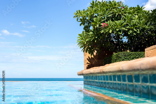 Red Plumeria or frangipani flower with blue sky and beach