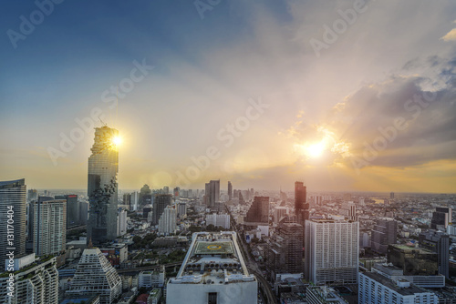 Aerial view of Bangkok modern office buildings  condominium in Bangkok city downtown with sunset sky   Bangkok   Thailand
