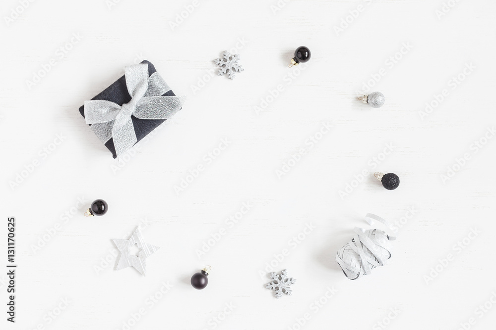 Fototapeta premium Christmas composition. Frame made of gift, christmas decoration. Top view, flat lay