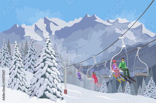 Winter mountain landscape. Lifts for skiing. Vector