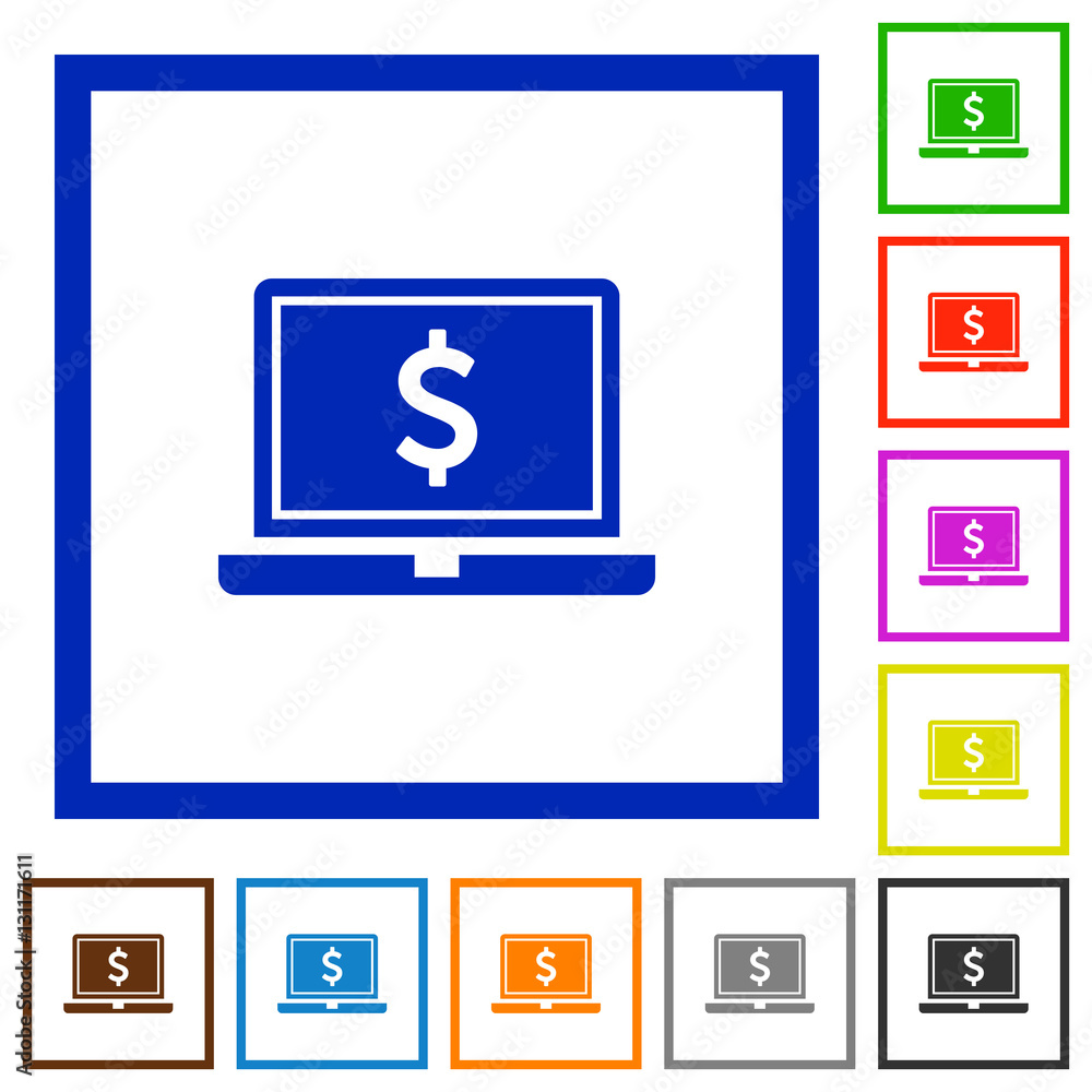 Laptop with Dollar sign flat framed icons Laptop with Dollar sign flat framed icons