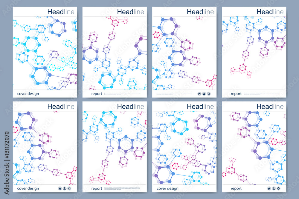 Scientific brochure design template. Vector flyer layout, Molecular structure with connected lines and dots. Scientific pattern atom DNA with elements for magazine, leaflet, cover, poster design. Scientific brochure design template. Vector flyer layout, Molecular structure with connected lines and dots. Scientific pattern atom DNA with elements for magazine, leaflet, cover, poster design.