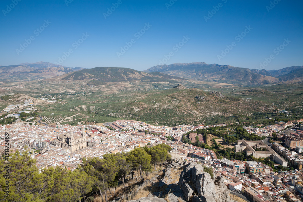 aerial view landmark of Jaen city, Andalusia, Spain Europe, with renaissance Cathedral of Asuncion, from XVI century
