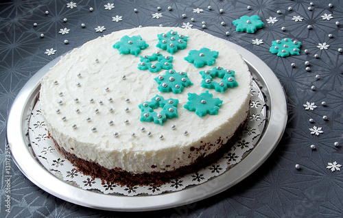 Birthday cake with winter decoration. Christmas cake.