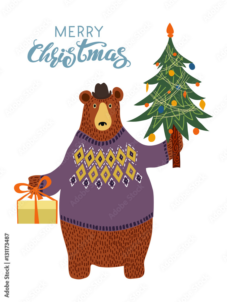 Naklejka premium Isolated Hand-drawn cartoon bear wearing a sweater and a hat with a gift and a Christmas tree in his paws. Merry Christmas greeting card design. Vector illustration.
