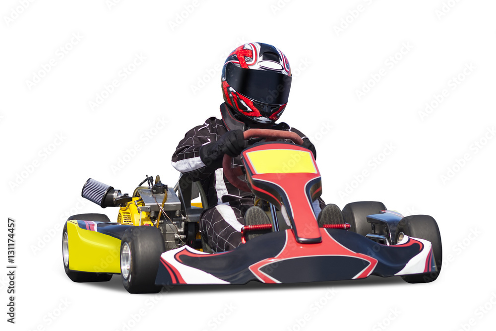 Isolated Adult Go Kart Racer on Track - obrazy, fototapety, plakaty 