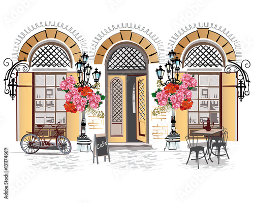 Photographie Series of backgrounds decorated with flowers, old town views and street cafes