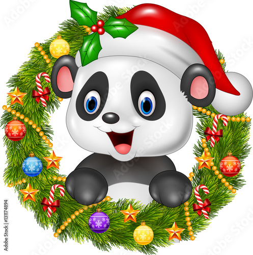 Christmas wreath with happy panda bear