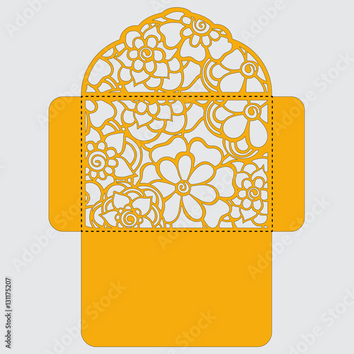 Lasercut vector wedding invitation template. Wedding invitation envelope with flowers for laser cutting. Lace gate folds.Laser cut vector.