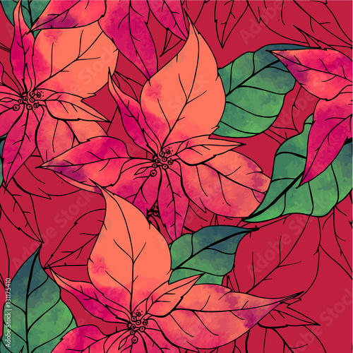 Seamless Christmas pattern with watercolor puansettia. Vector,red color. Endless texture. photo