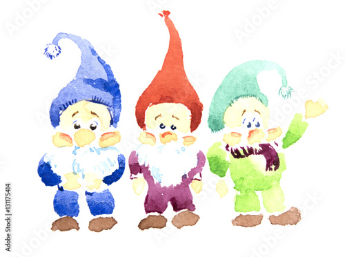 Three gnomes standing beside the watercolor. Little gnomes