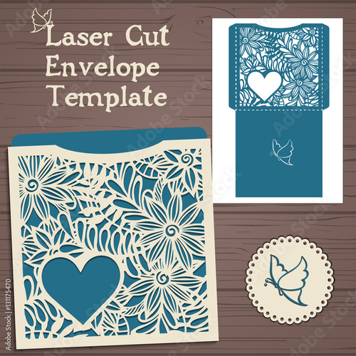 Lasercut vector wedding invitation template. Wedding invitation envelope with flowers for laser cutting. Lace gate folds.Laser cut vector.