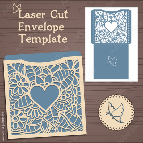Lasercut vector wedding invitation template. Wedding invitation envelope with flowers for laser cutting. Lace gate folds.Laser cut vector.