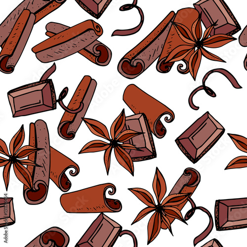 Seamless Christmas pattern with cinnamon and chocolate. Endless texture for festive design