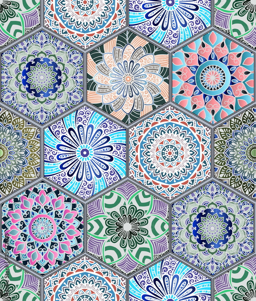 Oriental seamless pattern in style of colorful floral patchwork boho chic with mandala in hexagon elements