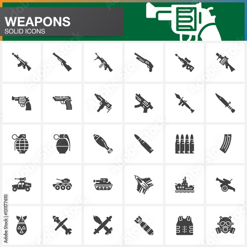Weapons vector icons set, Arms solid symbol collection, filled pictogram pack isolated on white. Signs, logo illustration