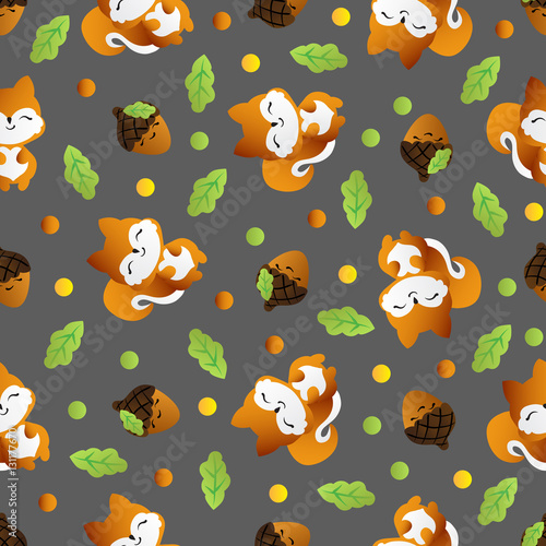 seamless pattern with smiling squirrel with acorns and oak leaves on a dark gray background 