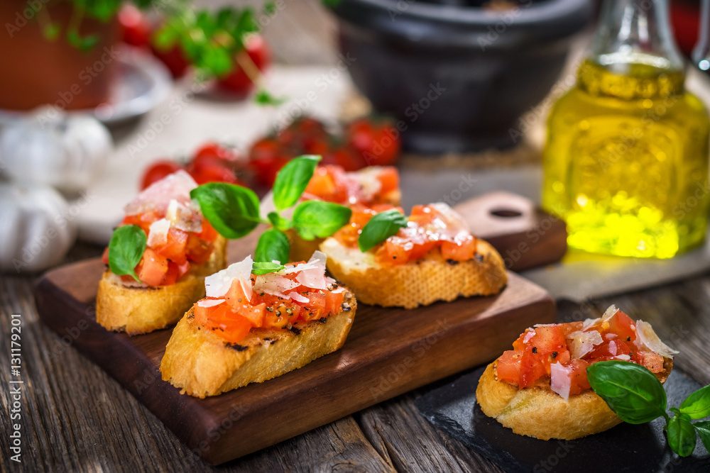 Tasty bruschetta with tomato, basil, parmesan, olive oil ... Tasty bruschetta with tomato, basil, parmesan, olive oil ...