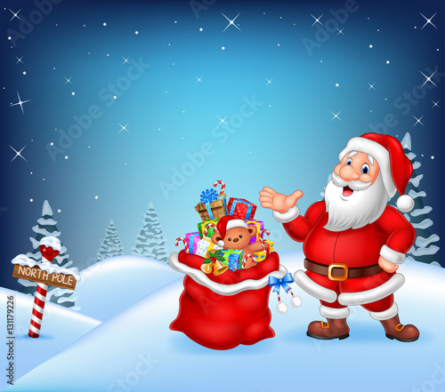 Cartoon Santa Claus with bag full of gift