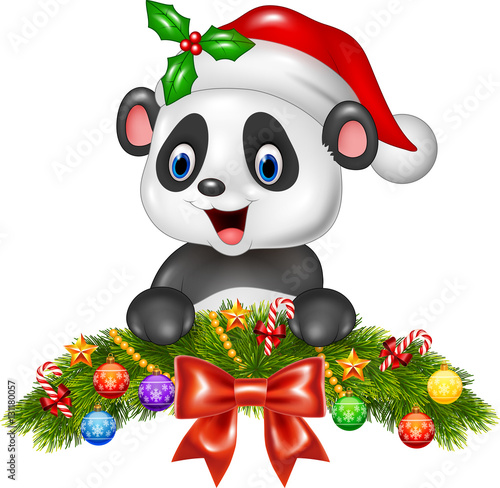 Fototapeta Naklejka Na Ścianę i Meble -  Christmas background with happy panda bear