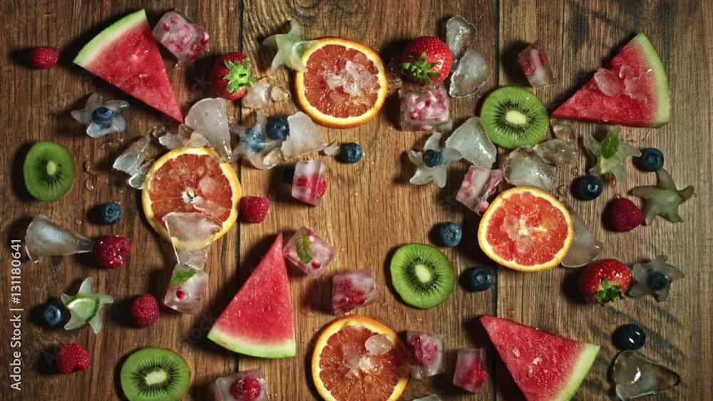 4k Colourful Composition of Fresh Fruits and Berries - Wooden Background 4k Colourful Composition of Fresh Fruits and Berries - Wooden Background