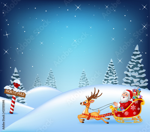 Happy Santa in his sled pulled by reindeer