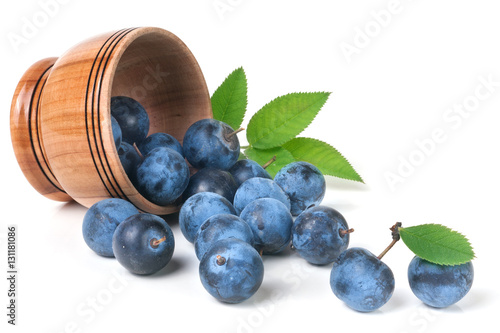 Fotografie blackthorn berries in a wooden bowl isolated on white background