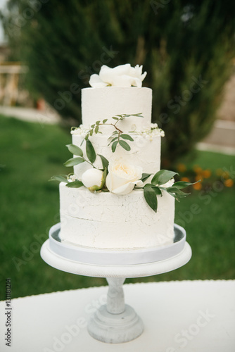 big, delicious wedding cake outdoors