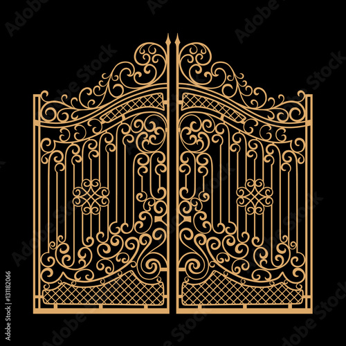 Decorated steel gates vector illustration. Golden on black background