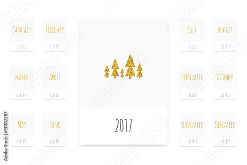 2017 vector calendar. Simple clean minimalistic pages with golden glitter titles and blank page vector template. Weeks start from Monday.