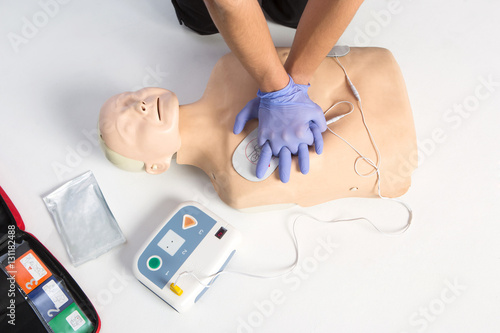 Paramedic demonstrate Cardiopulmonary resuscitation (CPR) on dumm 