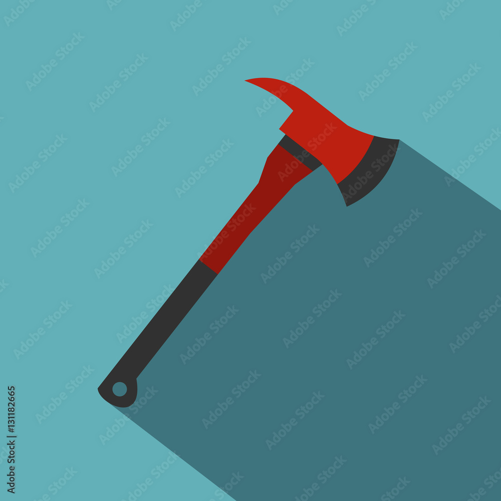 Red firefighter axe icon. Flat illustration of red firefighter axe vector icon for web isolated on baby blue background Red firefighter axe icon. Flat illustration of red firefighter axe vector icon for web isolated on baby blue background