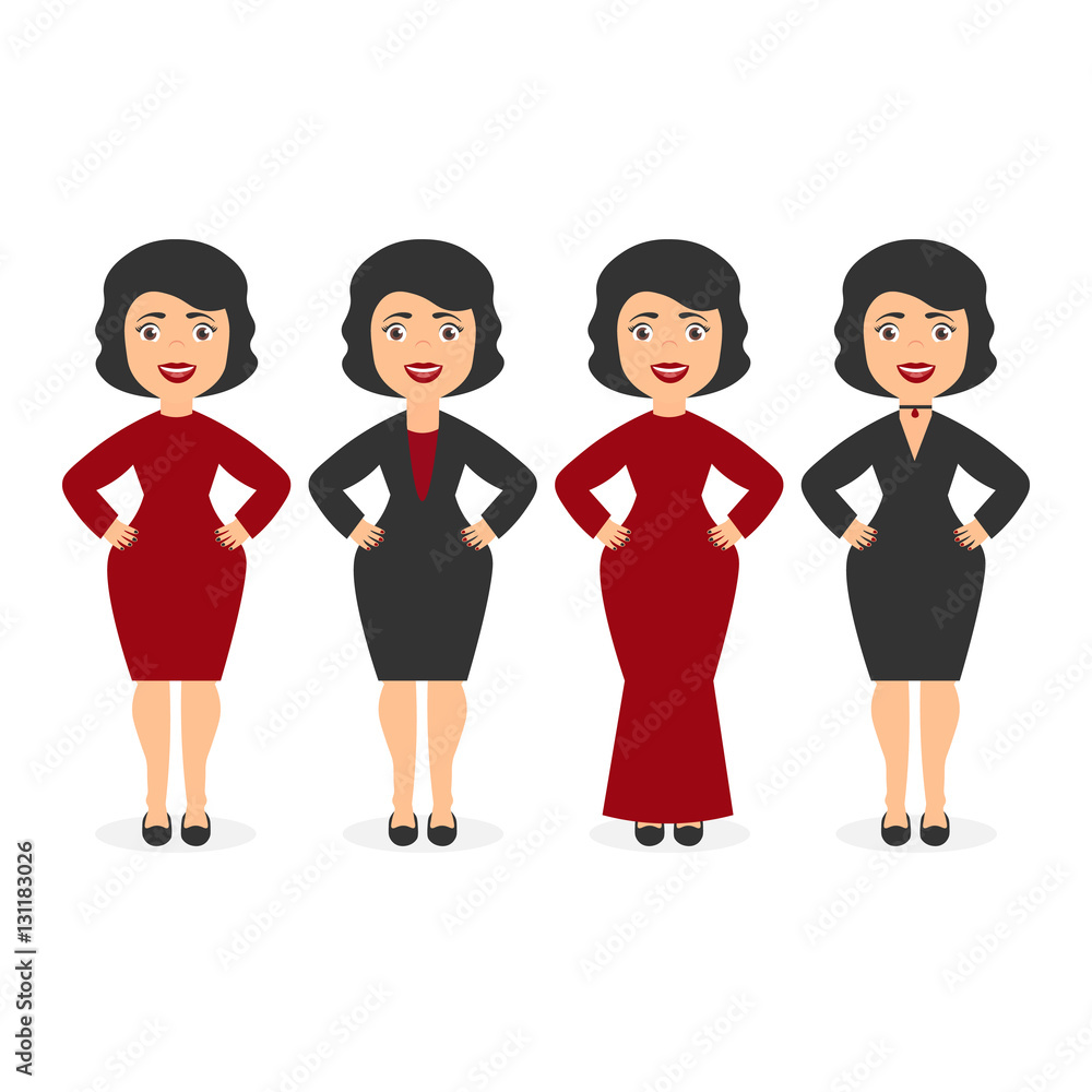Cute beautiful girls ladies in elegant dresses. The festive event corporate. Cartoon character in flat style. Vector. Cute beautiful girls ladies in elegant dresses. The festive event corporate. Cartoon character in flat style. Vector.
