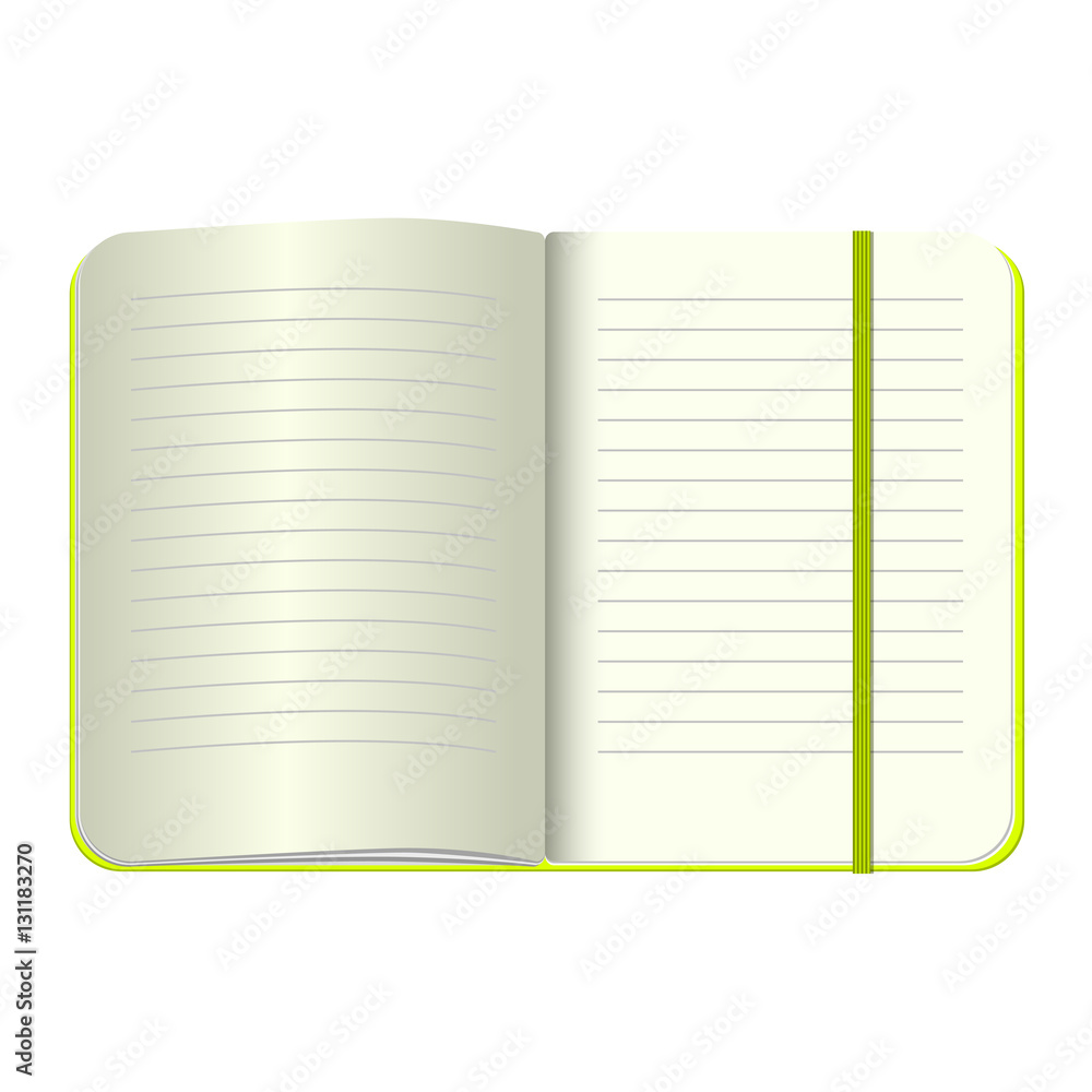 Template Open a blank notepad. Vector personal notebook with a green cover and bookmark. Isolated on white background. MockUp for your design. Template Open a blank notepad. Vector personal notebook with a green cover and bookmark. Isolated on white background. MockUp for your design.