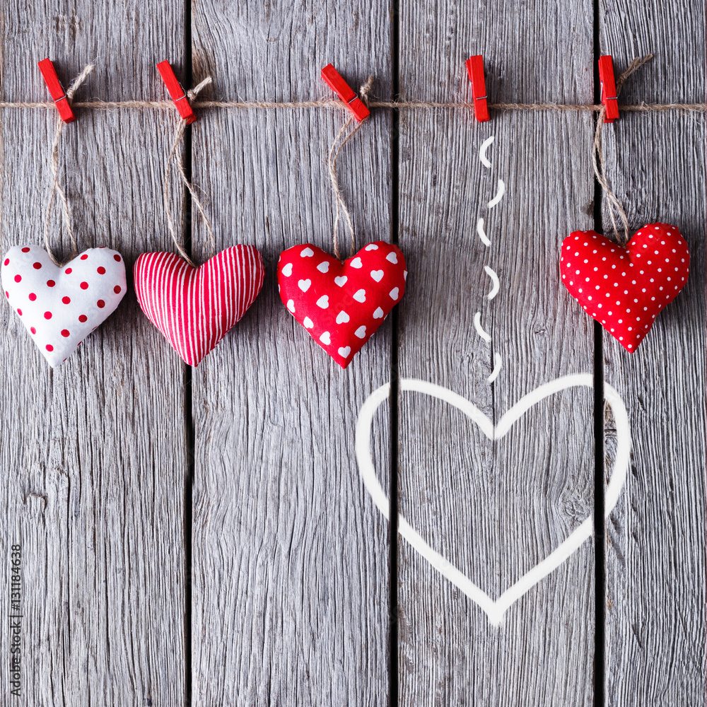 Valentine day background, handmade pillow hearts on wood, copy space Valentine day background, handmade pillow hearts on wood, copy space
