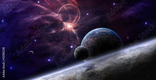 Fototapeta Naklejka Na Ścianę i Meble -  Space background. Colorful fractal nebula with planet. Elements furnished by NASA. 3D rendering