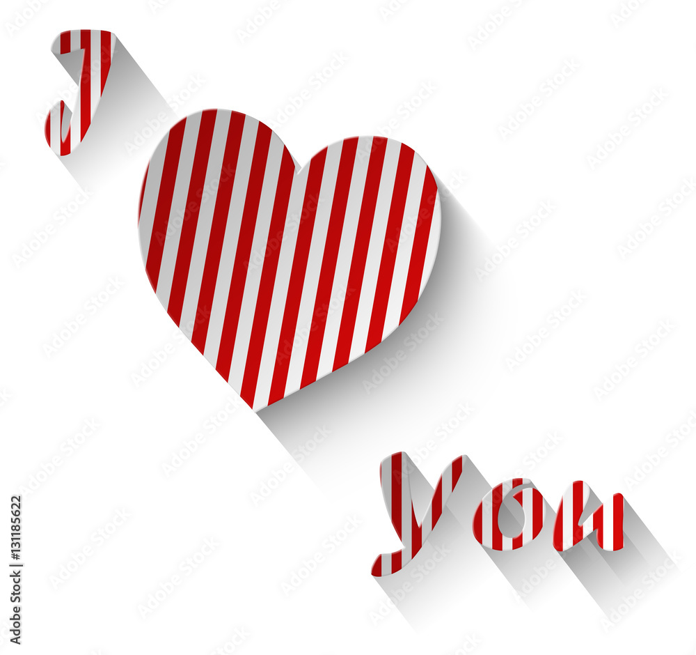 Fototapeta premium Cuore a striscie bianche e rosse con scritta j love you su sfondo bianco