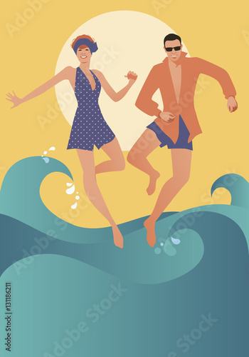 Funny couple wearing bath clothes dancing and jumping on the beach. Retro style.