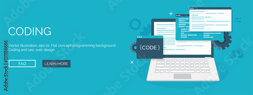 Vector illustration. Flat background. Coding, programming. SEO. Search engine optimization. App development, creation. Software, program code. Web design.
