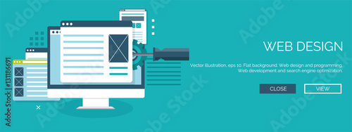 Vector illustration. Flat background. Coding, programming. SEO. Search engine optimization. App development, creation. Software, program code. Web design.