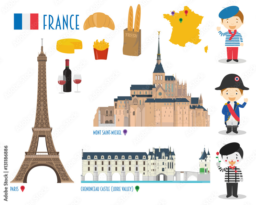France Flat Icon Set Travel and tourism concept. Vector illustration