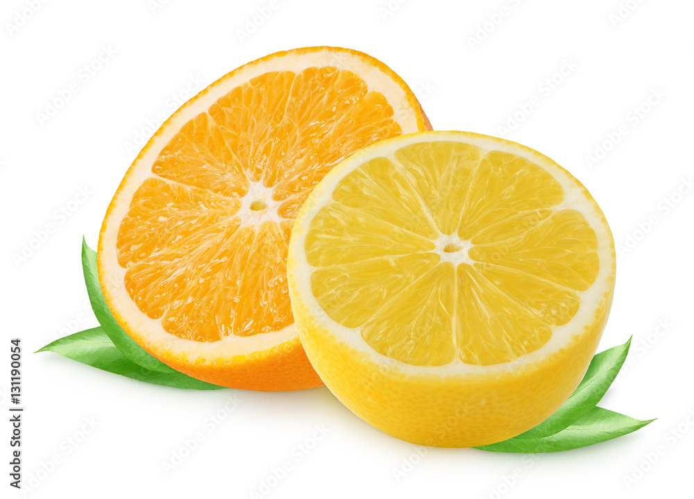 Half orange and lemon fruit isolated on white background, clipping path Half orange and lemon fruit isolated on white background, clipping path